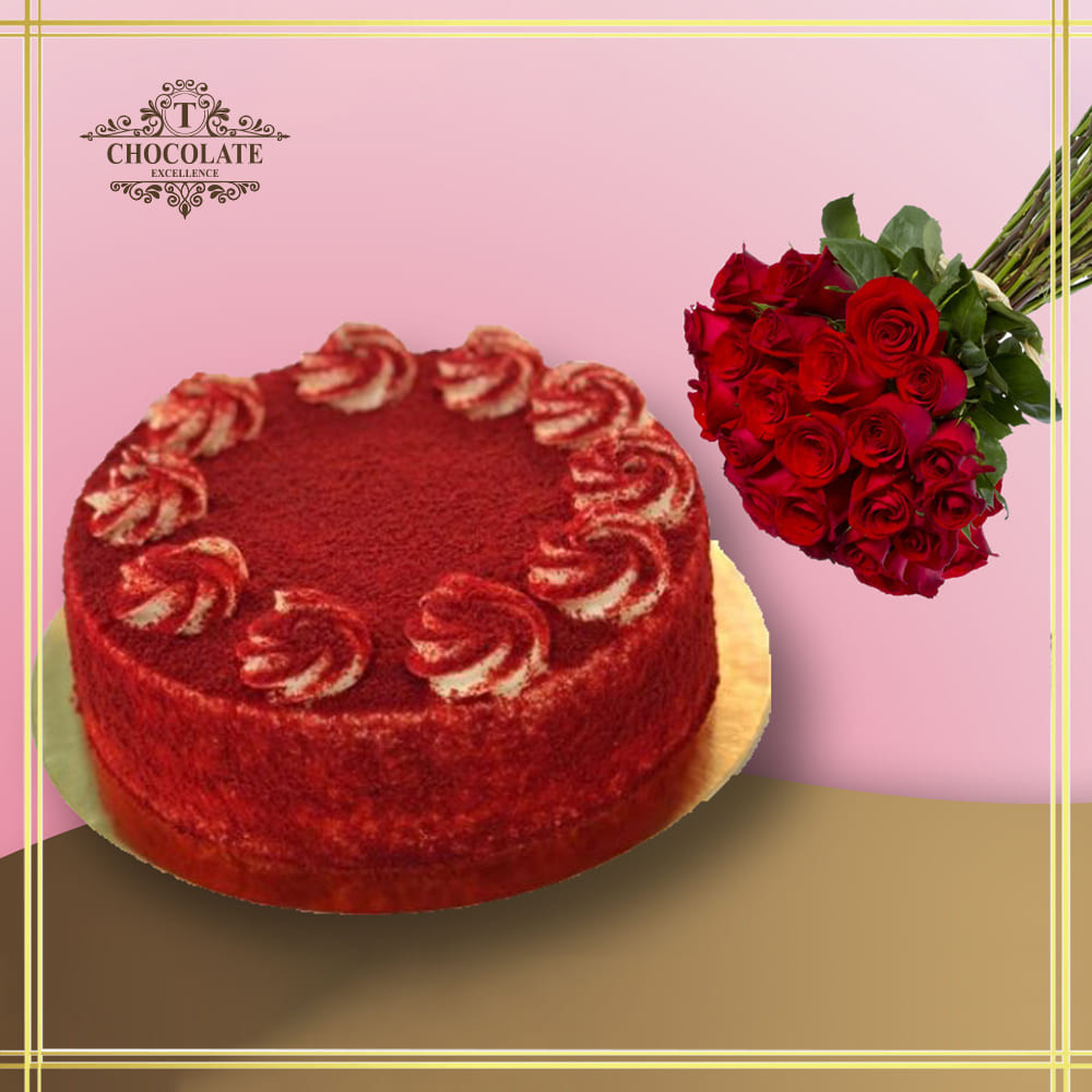 Red Velvet Cake With Flower Bouquet