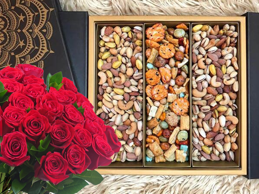Deluxe Nuts Box And Roses Bouquet 10 Pieces