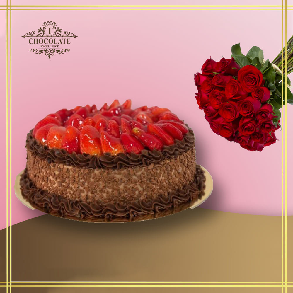 Strawberry Chocolate Cake With Flower Bouquet